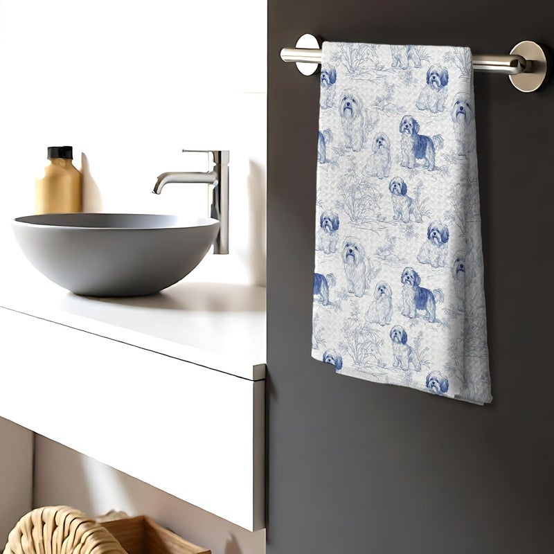 Nipil Chinoiserie Shih Tzu Decor Kitchen Towels, Blue and White Botanical Grandmillennial Dog Decorative Dish Tea Towels,Shih Tzu Gifts for Kitchen Bathroom Decor, 16x24 Inch - Image 3